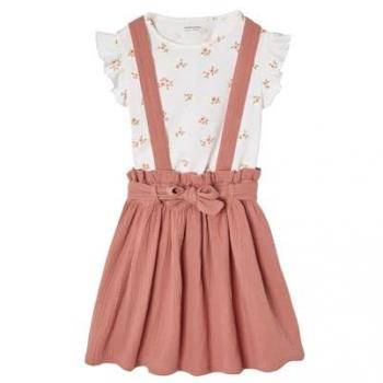 Jupe à bretelles et t-shirt à volants pour fille vieux rose