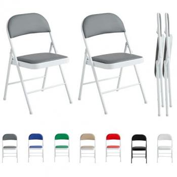 Grey Faux Leather Folding Chair Set of 2 with Metal Frame and Padded Seats