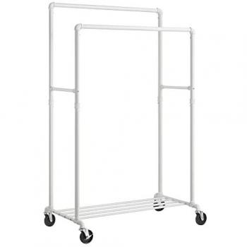 Étagère mobile à vêtements SONGMICS – Double tringle, roulettes, style industriel – Blanc HSR060W01