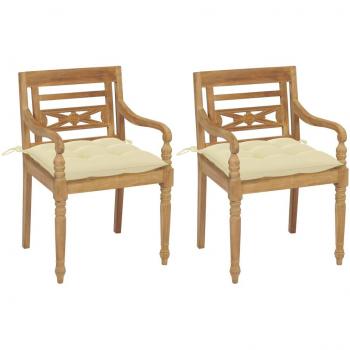 Set di 2 Sedie Batavia in Massello di Teak con Cuscini Bianco Crema