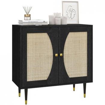 Buffet 2 portes 2 étagères design contemporain cannage rotin panneaux aspect bois noir