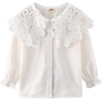 Blusa Infantil Blanca con Cuello de Encaje y Manga Larga