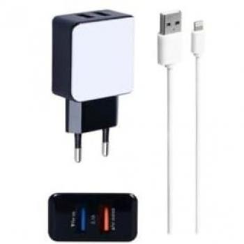 Chargeur Dual Usb 2 Ports Freaks And Geeks Blanc Et Noir + Câble Pour Iphone 5/6/7/8/X