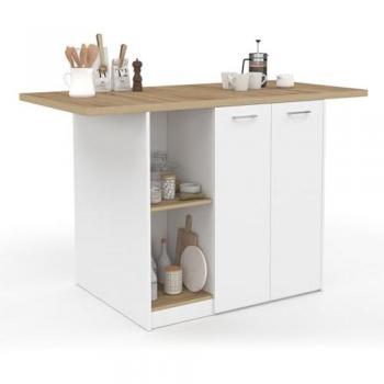 Îlot central BAO 140 cm – 4 postes, bois blanc, plan de travail imitation hêtre