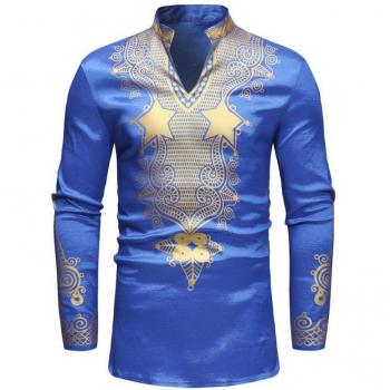 Men's Casual Bazin Print Long Sleeve T-shirt 2022