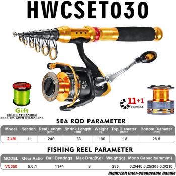 Caña de Pesca Telescópica con Carrete Fibra de Carbono 1.5-2.7 m PROBEROS