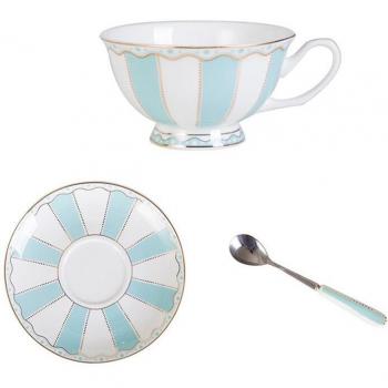 Bone China Vintage Tea Cup and Saucer Set with Spoon, Blue and White with Gold Trim in Gift Box