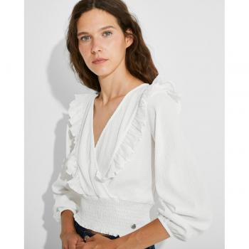 Top Naëlle Femme: Punto Canalé, Manga ¾, Cuello Pico y Volantes