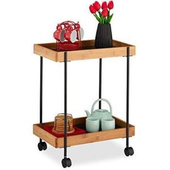 Rolling Serving Trolley, 2-Tier Tea Station, Bamboo & Iron, 57x46x28 cm, Black/Natural