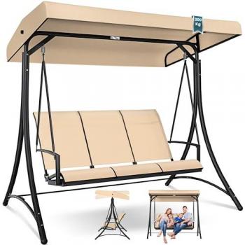 Columpio de jardín Hollywood con toldo, 3 plazas, soporta hasta 300 kg, tumbona Beige