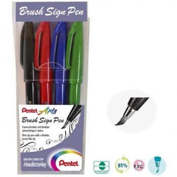 Pentel Sign Pen Brush Touch 4er Set, sortiert, Faserschreiber mit pinselähnlicher Spitze