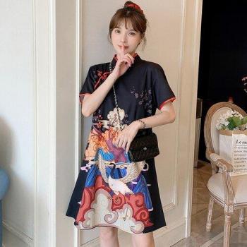 Sommer-Straßenmode: Schwarze Cheongsam mit kurzem Ärmel – Größe M‑4XL