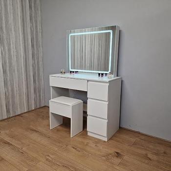 White LED Vanity Dressing Table Set with Drawers and Stool