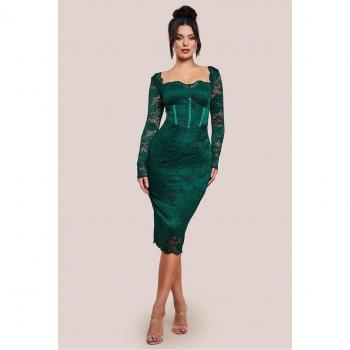 Goddiva Women's Emerald Scalloped Lace Midi Dress (Size 16)