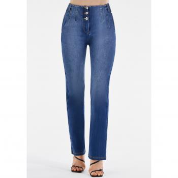 Freddy Damenjeans Skinny‑Fit Wrup Superskinny – Lifting & Shaping in dunkelblauer Farbe mit gelben Akzenten