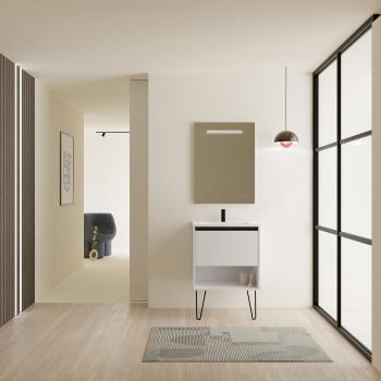 Vasque YOKO 60 cm – Meuble Simple Salle de Bain, Blanc Brillant, Miroir Non‑Inclus