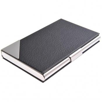 Stainless Steel Name Card Case, Simple Design with Faux Leather, 13 Card Capacity, Black