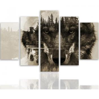 Canvas cinque pezzi Lupo Foresta Nebbia Natura 100x70 marrone
