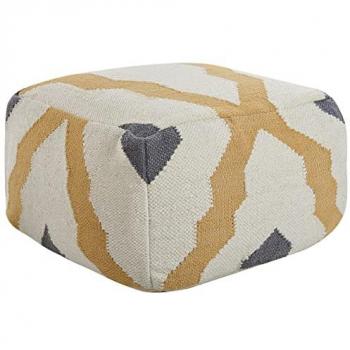 Puf de lana hecho a mano beige claro, amarillo y gris, estilo boho, 56 x 56 cm, modelo Zeugma