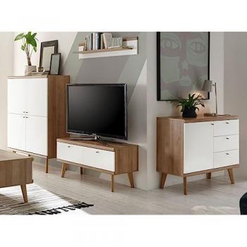Furn.Design Skandinavische Wohnwand Helge, 4-teilig, Weiß und Eiche Riviera, 341 x 160 cm