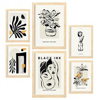 Set de 6 Láminas en Tinta Negra con Estilo Oriental y Abstracto, Tamaños A3 y A4, Marcos de Madera para Decoración