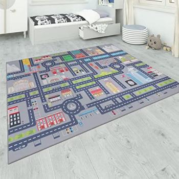 Paco Home Sol décoratif pour enfants – Rue automobile gris, 160 cm rond