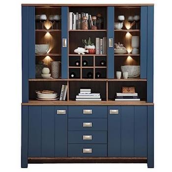 Buffet INNOSTYLE DIJON, blau, B:163cm H:201cm T:45cm, 4 türig, 18 Fächer davon 6 für Flaschen, LEB Beleuchtung, Softclose