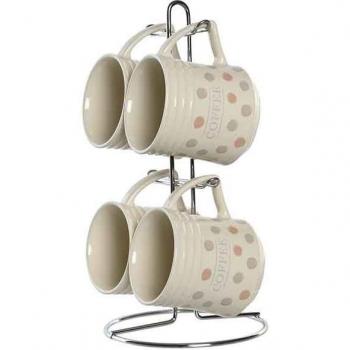 Tazas Mug de Gres Beige con Lunares y Soporte Metálico