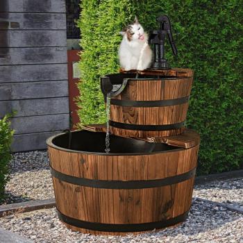 COSTWAY Holzfass Gartenbrunnen Ø 44,5 cm mit Wasserpumpe