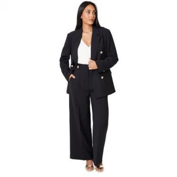 Petite Women's Black Wide Leg Trousers with Button Tab Detail