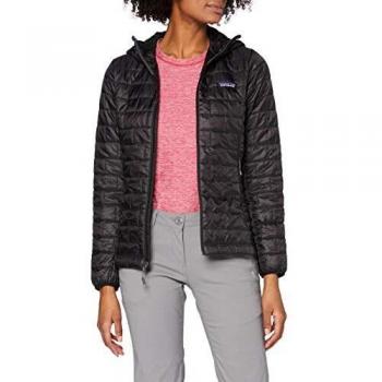Chaqueta Patagonia Nano Puff Hoodie Femenino Negra con aislamiento PrimaLoft, diseño ligero y compresible, capucha ajustable, resistente al viento y al agua, cierre frontal completo, bolsillos laterales con cremallera, talla XS