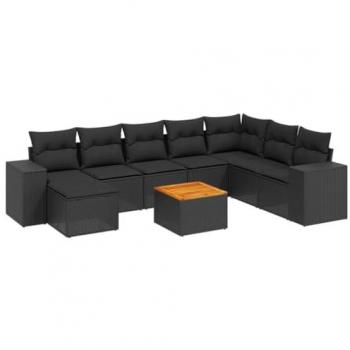 Set Divani da Giardino 9 pz in Polyrattan Nero con Cuscini