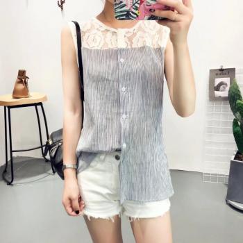Blusa Sin Mangas de Verano con Diseño de Rayas y Encaje