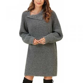 Langarm-Sweater-Kleid Damen – Stehkragen Druckknopf
