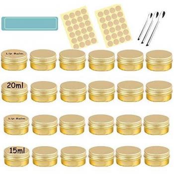 Pots en Aluminium Dorés, Conteneurs Cosmétiques Vides, 24 Pièces avec Mini Spatule et Étiquette