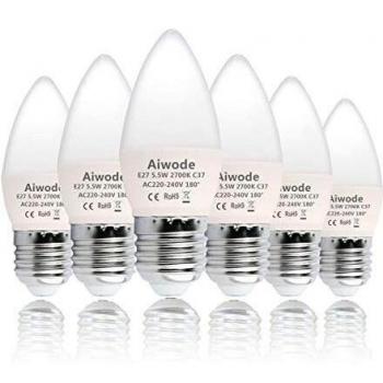 Aiwode Kerzenleuchte 5,5 W E27 Warmweiß 2700 K – 470 lm, C37, 180° Abstrahlwinkel – 6‑er