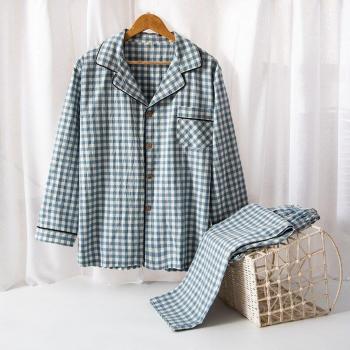 Vêtements de nuit pour hommes, pyjama en coton lavé, manches longues, pantalons, motif tartan