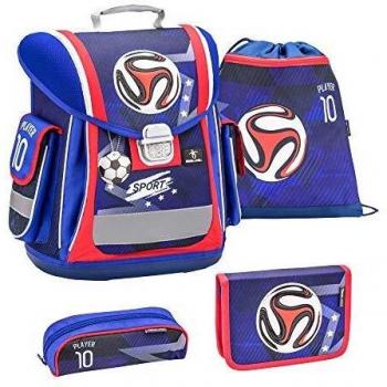 Belmil Schulranzen Groß Set 4-teilig für Jungen 1, 2, 3, Klasse/Ergonomisch/Leicht: 950-1000 g/Fußball/Blau