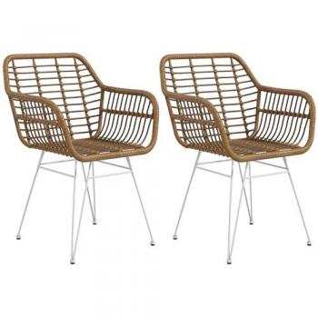 Lot de 2 chaises de salle à manger bohème avec piètement épingle en acier blanc et assise en résine tressée marron clair