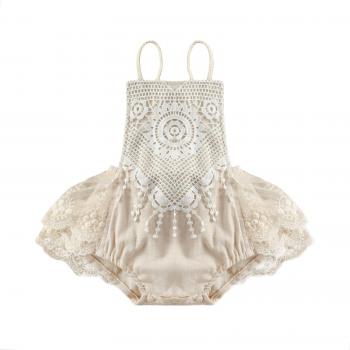 Frühlings-Baby-Strampler 0–24M – Mädchen/Jungen, Spitzenblumen, Quastengürtel, ärmelloser Overall