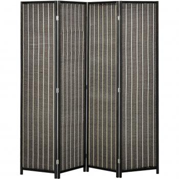 HOMCOM Paravento per Interni, Separé Pieghevole a 4 Pannelli in Legno e Bambù, Dimensioni 180x180x1.9cm, Colore Nero e Marrone