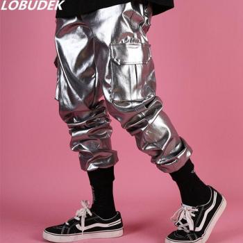 Pantalones Informales de Cuero Sintético Plateados para Hombre