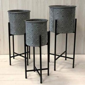 Large Grey Decorative Metal Flower Pot on Stand