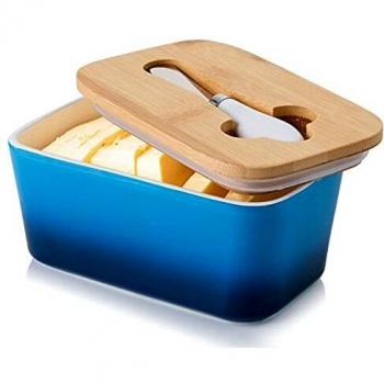 Porcelain Butter Dish with Knife & Wooden Lid, Candiicap Airtight Butter Keeper for Countertop, Large Butter Holder for All Types of Butter (Navy Blue)