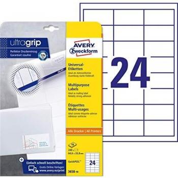 Avery 3658-10 Etichette a Tenuta Permanente – 64,6 x 33,8 mm, 240 unità