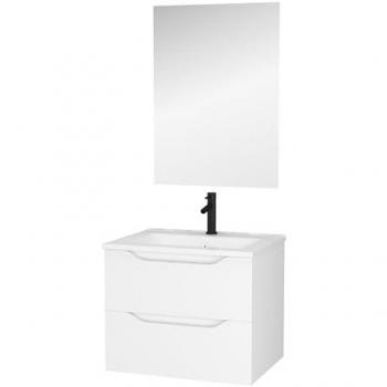 MILA 60 CM – Meuble de salle de bain suspendu, 2 tiroirs blancs laqués, poignées intégrées, vasque + miroir