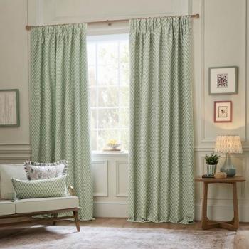 Hutton Jacquard Green Pencil Pleat Curtains – Ready Made, 89.76cm W × 137cm D