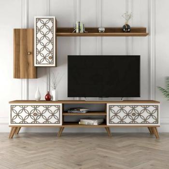 Aparador de salón Tariq, Mueble de televisión, Base de pared equipada, 180x35h44 cm, Nogal y Blanco