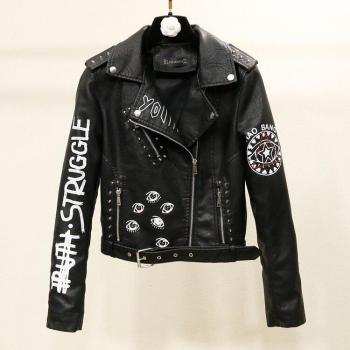 Ailegogo Damen Motorradjacke mit Nieten und Druck