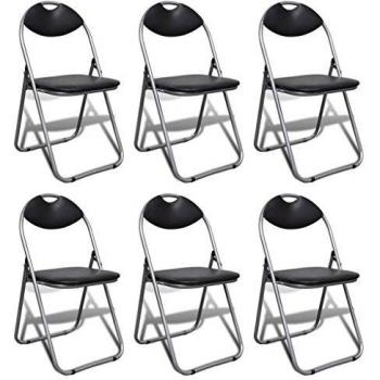 Set of 6 Black Faux Leather and Steel Folding Chairs